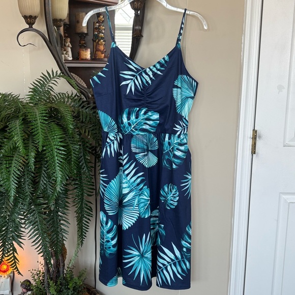 Tropical Palm Print Navy Teal Spaghetti Strap Sundress w/ Pockets Casual Dress - Picture 16 of 16